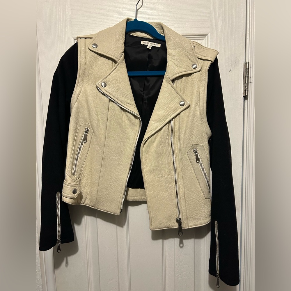 Rebecca Minkoff Ivory and black Leather jacket with detachable sleeves